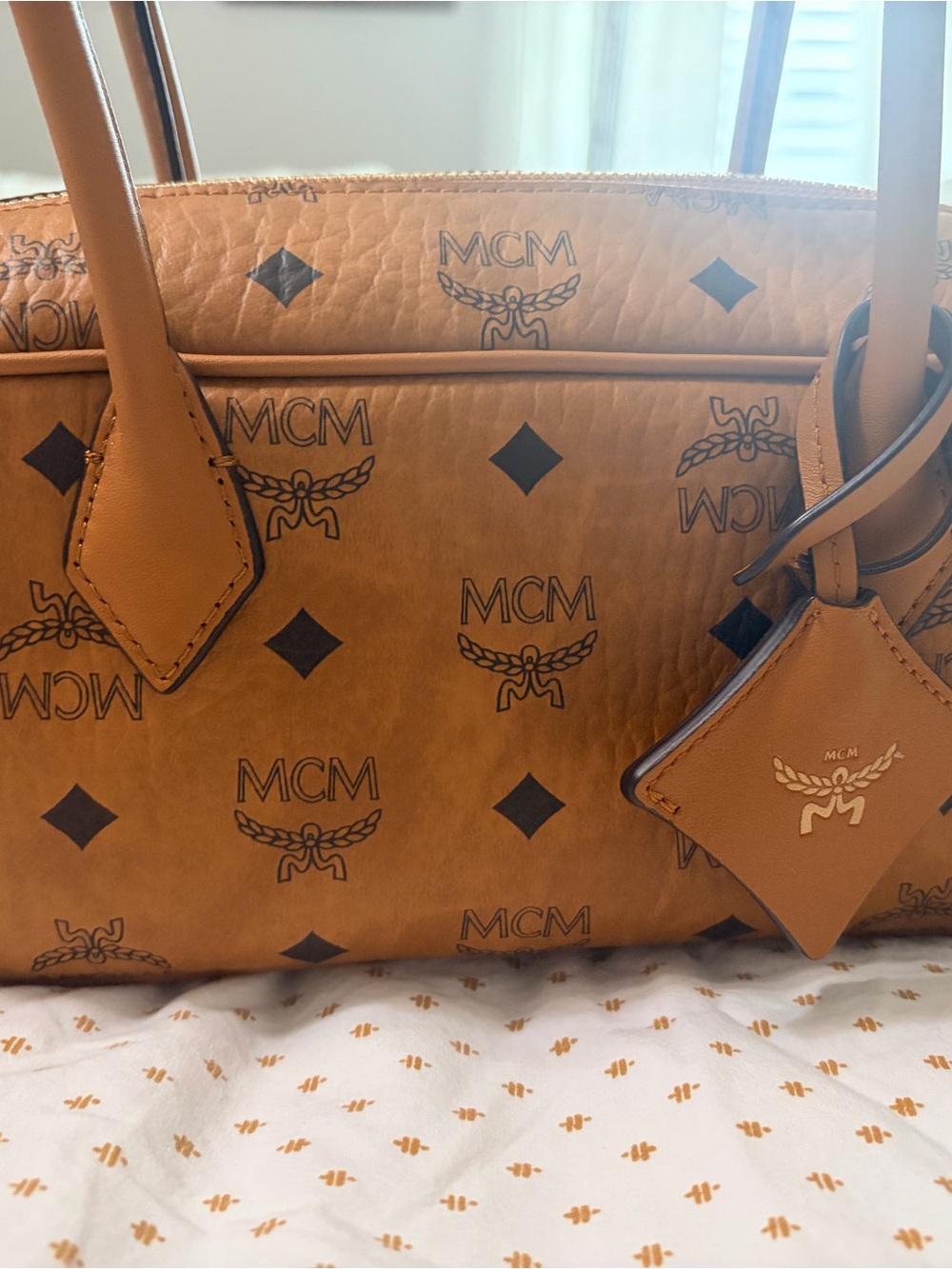 MCM Cognac Logo Print Visetos Tote